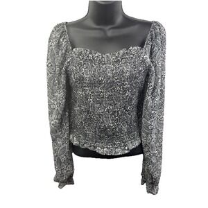 Japna Black and White Floral Print Smocked Crop Top Size Medium